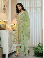 Yufta Pure Cotton Green Anarkali Kurta Dupatta Set With Lacework - Distacart