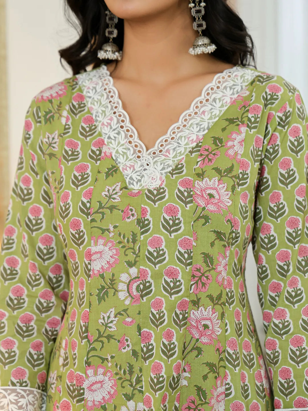 Yufta Pure Cotton Green Anarkali Kurta Dupatta Set With Lacework - Distacart