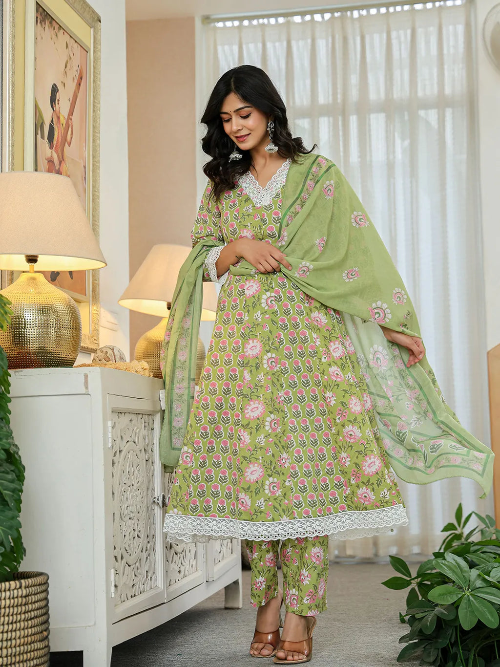Yufta Pure Cotton Green Anarkali Kurta Dupatta Set With Lacework - Distacart