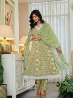 Yufta Pure Cotton Green Anarkali Kurta Dupatta Set With Lacework - Distacart
