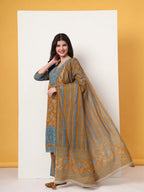 Yufta Pure Cotton Mustard Kurta Dupatta Set With Lace Detailing - Distacart