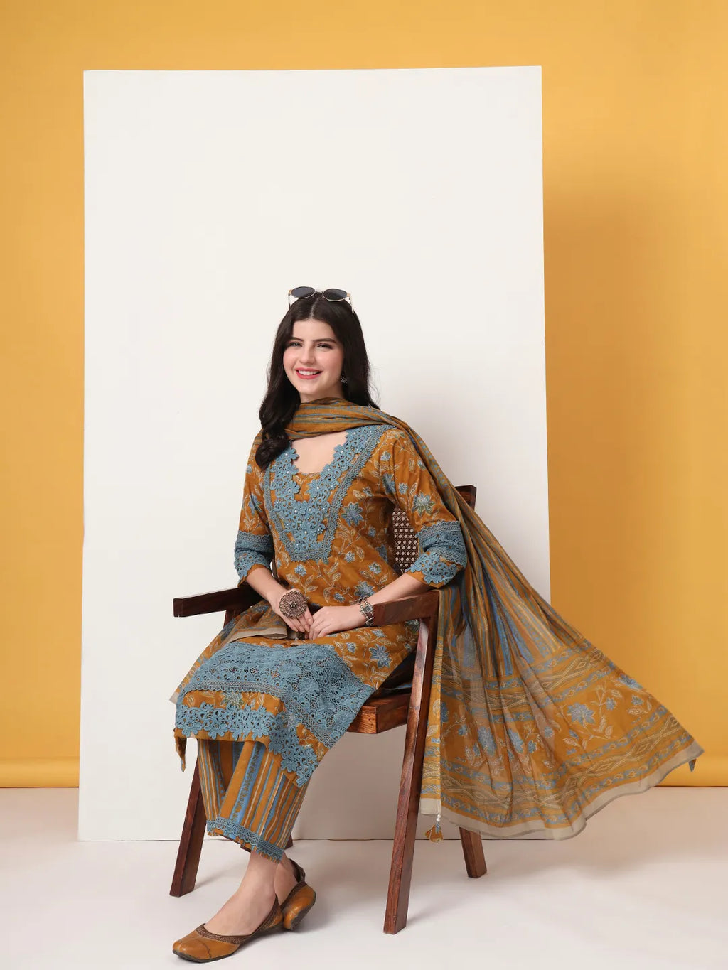 Yufta Pure Cotton Mustard Kurta Dupatta Set With Lace Detailing - Distacart