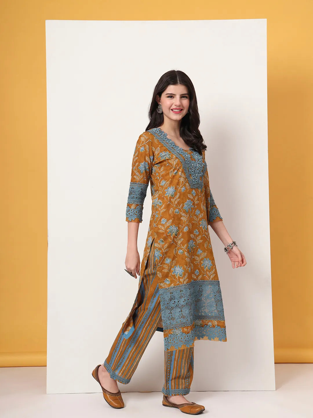 Yufta Pure Cotton Mustard Kurta Dupatta Set With Lace Detailing - Distacart