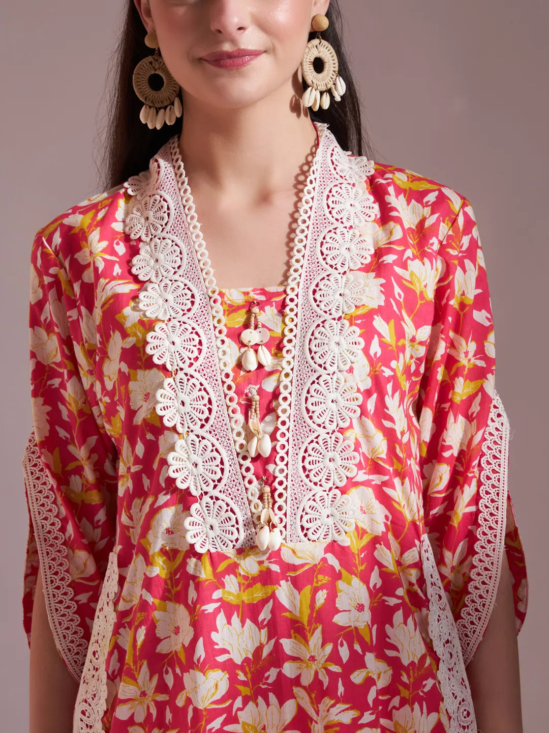 Yufta Pure Cotton Pink Kurta Dupatta Set With Lace Detailing