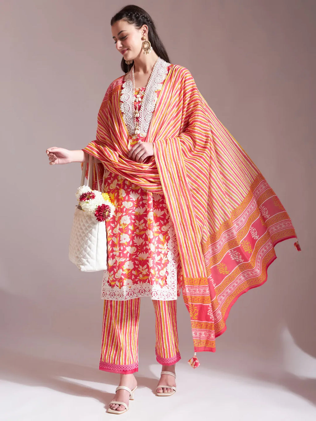 Yufta Pure Cotton Pink Kurta Dupatta Set With Lace Detailing