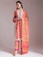Yufta Pure Cotton Pink Kurta Dupatta Set With Lace Detailing