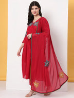 Yufta Pure Cotton Red Anarkali Kurta Dupatta Pant Set