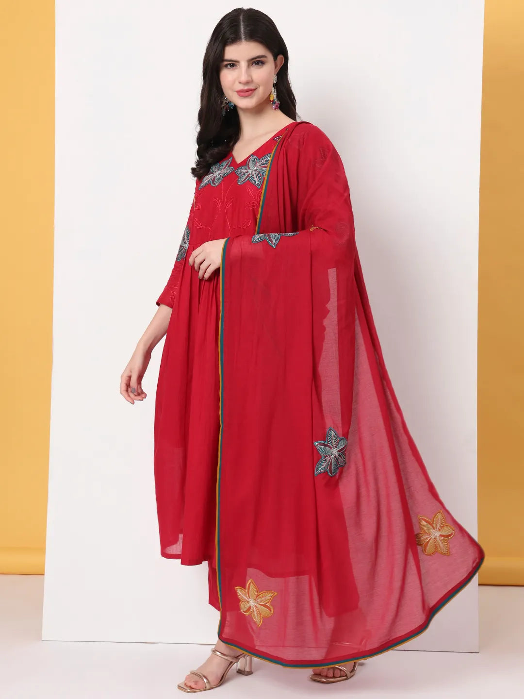 Yufta Pure Cotton Red Anarkali Kurta Dupatta Pant Set