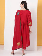 Yufta Pure Cotton Red Anarkali Kurta Dupatta Pant Set
