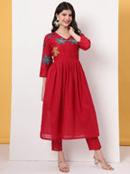 Yufta Pure Cotton Red Anarkali Kurta Dupatta Pant Set
