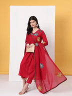 Yufta Pure Cotton Red Anarkali Kurta Dupatta Pant Set