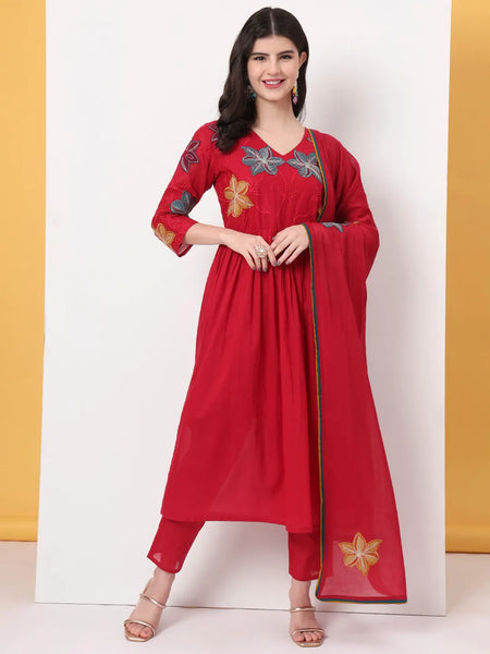 Yufta Pure Cotton Red Anarkali Kurta Dupatta Pant Set