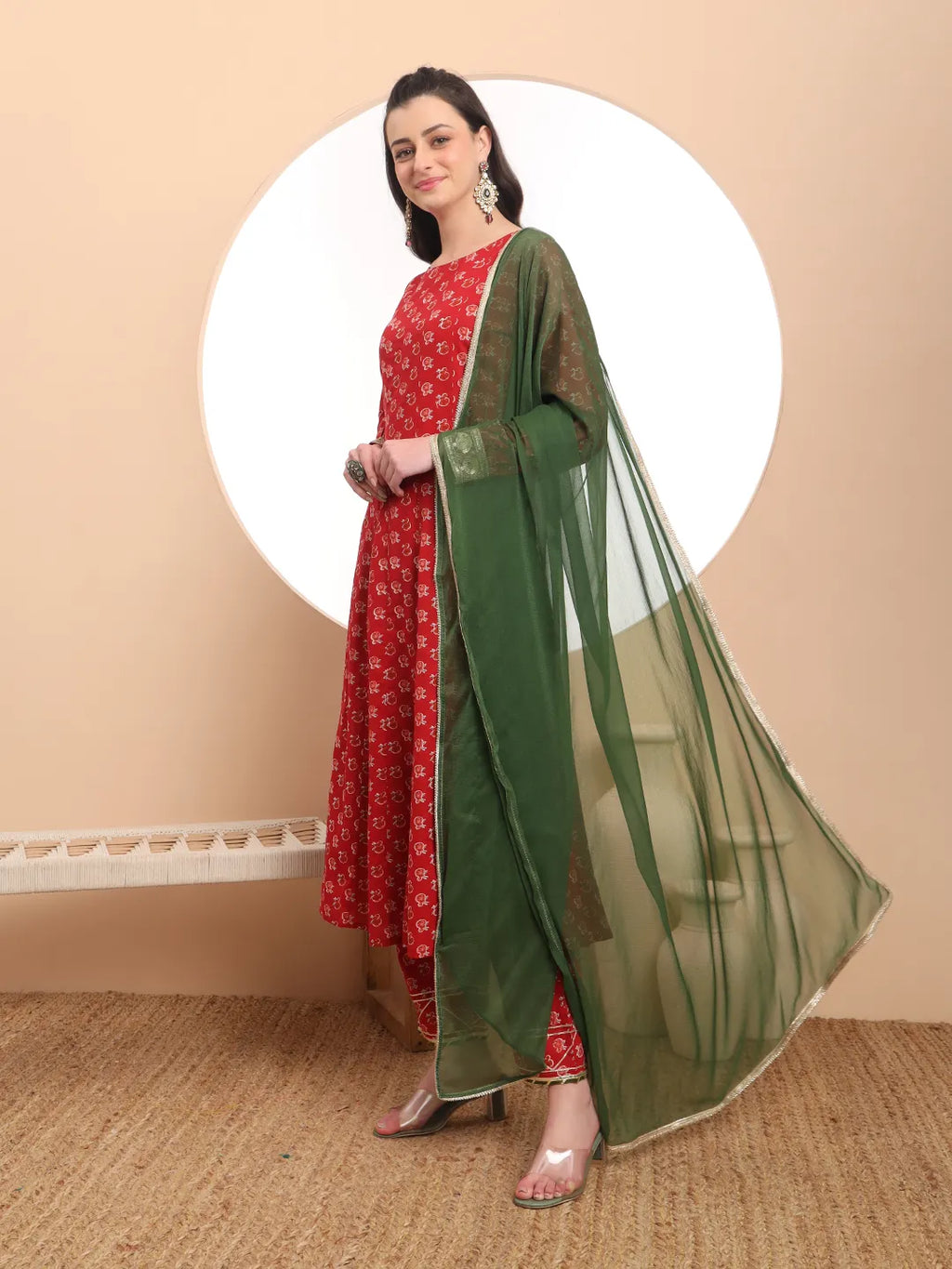 Yufta Pure Cotton Red Anarkali Kurta Dupatta Set - Distacart