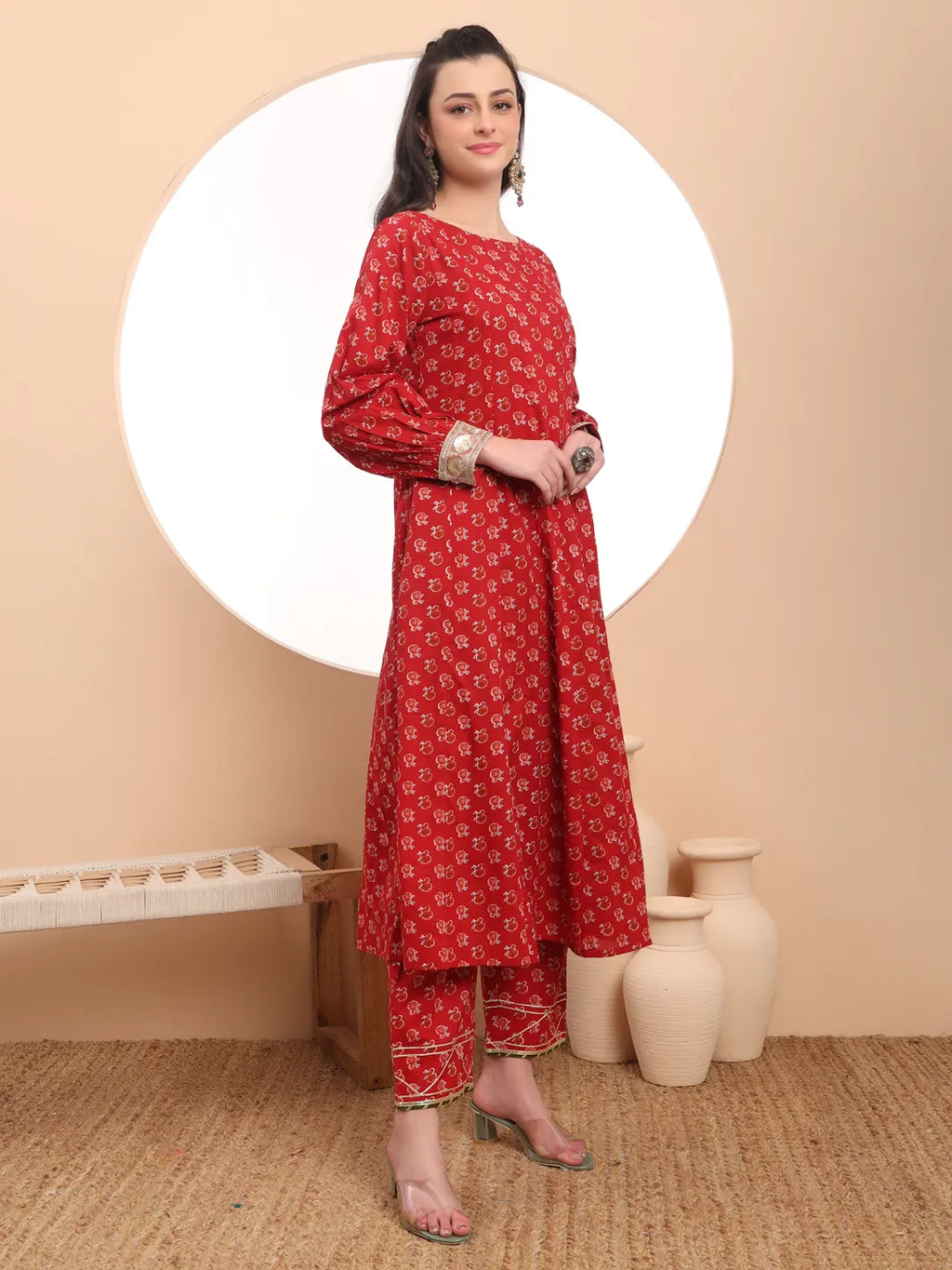 Yufta Pure Cotton Red Anarkali Kurta Dupatta Set - Distacart