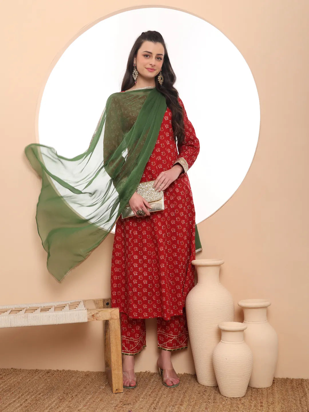 Yufta Pure Cotton Red Anarkali Kurta Dupatta Set - Distacart