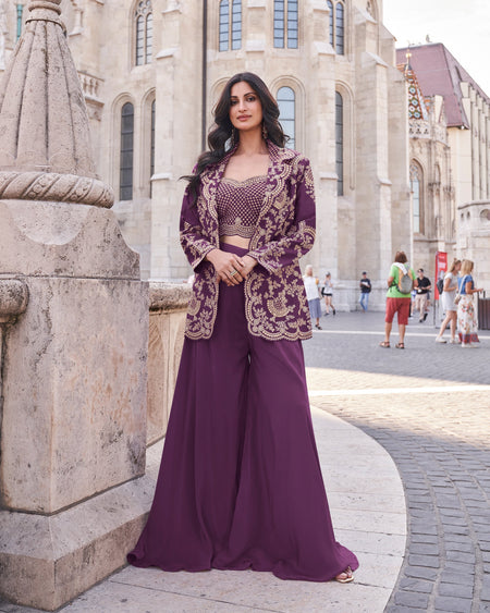 Evanik Designer Chinon Silk with Embroidery Dori Sequence Work Palazzo With Kurta Set