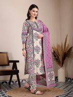 Yufta Purple And Beige Pure Cotton Floral Sequins Work Kurta Dupatta Set
