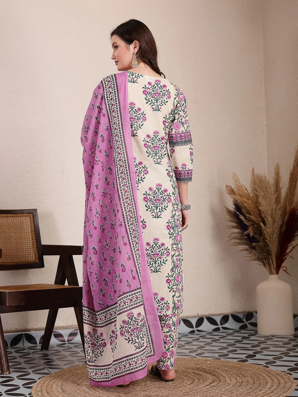 Yufta Purple And Beige Pure Cotton Floral Sequins Work Kurta Dupatta Set