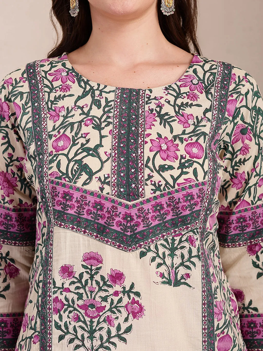 Yufta Purple And Beige Pure Cotton Floral Sequins Work Kurta Dupatta Set