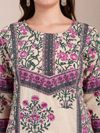 Yufta Purple And Beige Pure Cotton Floral Sequins Work Kurta Dupatta Set