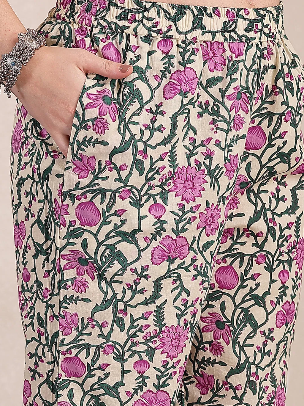 Yufta Purple And Beige Pure Cotton Floral Sequins Work Kurta Dupatta Set
