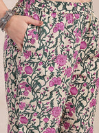 Yufta Purple And Beige Pure Cotton Floral Sequins Work Kurta Dupatta Set