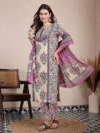 Yufta Purple And Beige Pure Cotton Floral Sequins Work Kurta Dupatta Set