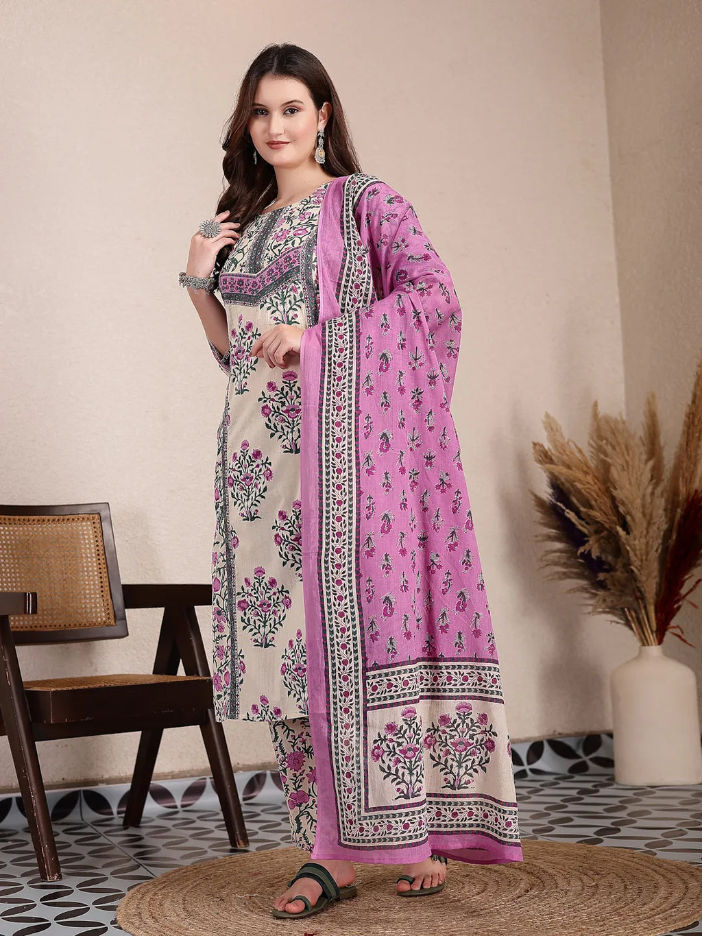 Yufta Purple And Beige Pure Cotton Floral Sequins Work Kurta Dupatta Set
