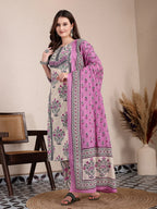 Yufta Purple And Beige Pure Cotton Floral Sequins Work Kurta Dupatta Set