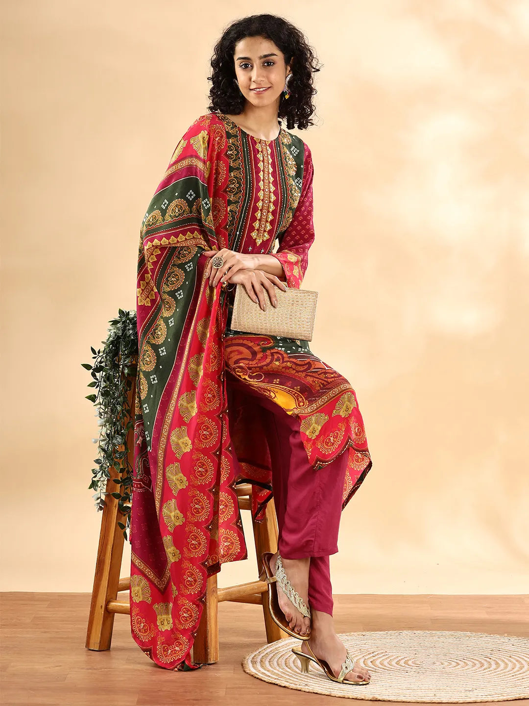 Yufta Purple And Green Silk Crepe Sequins Work Straight Kurta Dupatta Pant Set - Distacart