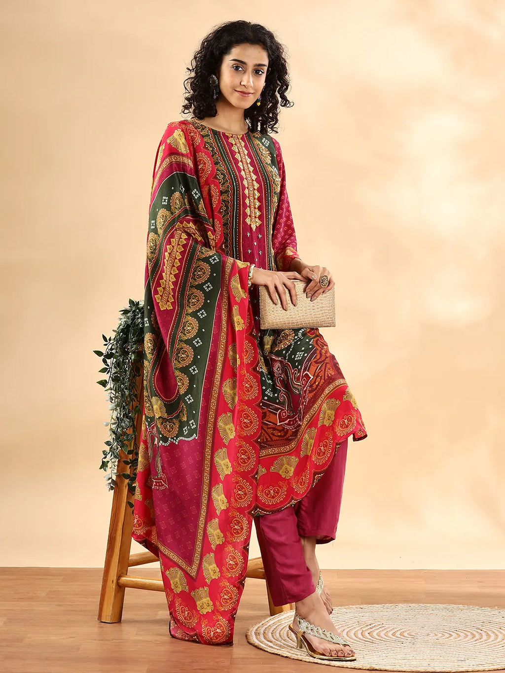 Yufta Purple And Green Silk Crepe Sequins Work Straight Kurta Dupatta Pant Set - Distacart