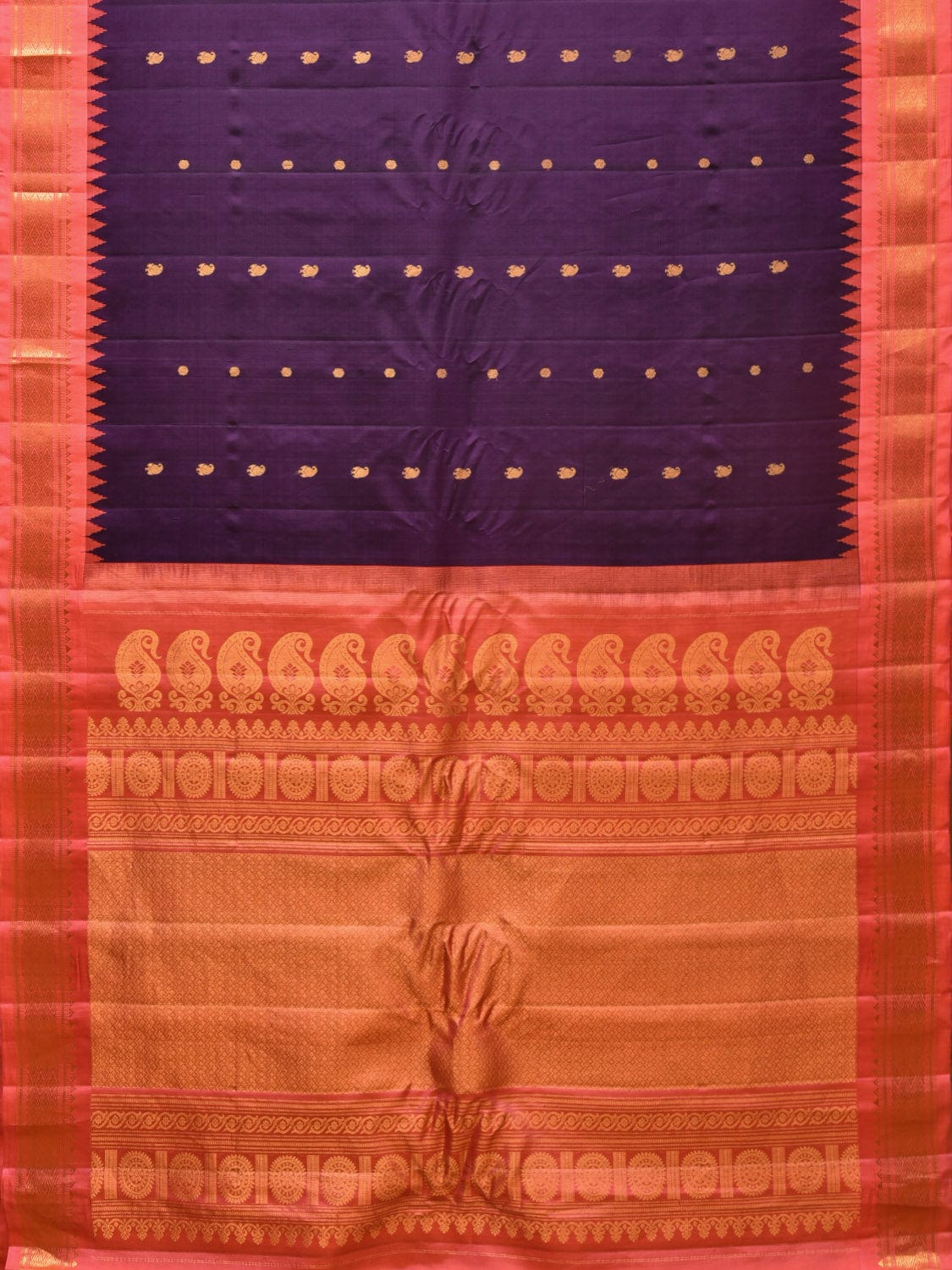 Purple and Peach Gadwal Silk Handloom Saree with Mango Pallu and Border Design - Global Threads
