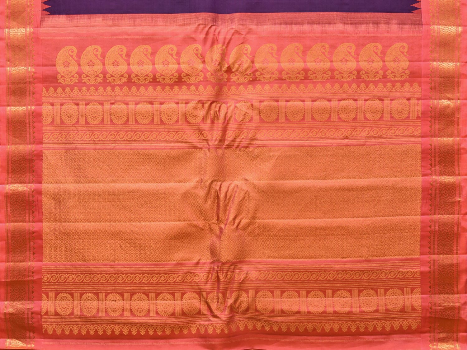 Purple and Peach Gadwal Silk Handloom Saree with Mango Pallu and Border Design - Global Threads