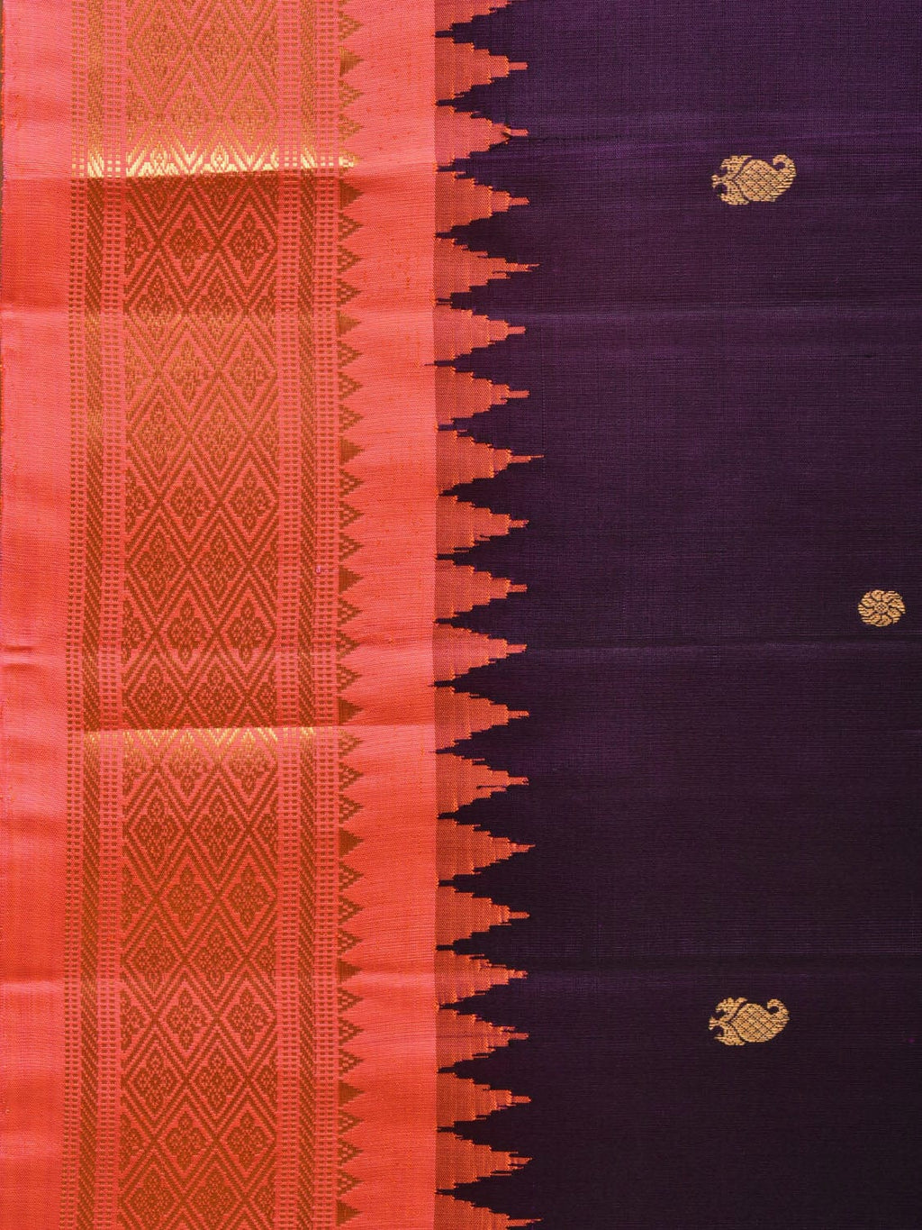Purple and Peach Gadwal Silk Handloom Saree with Mango Pallu and Border Design - Global Threads