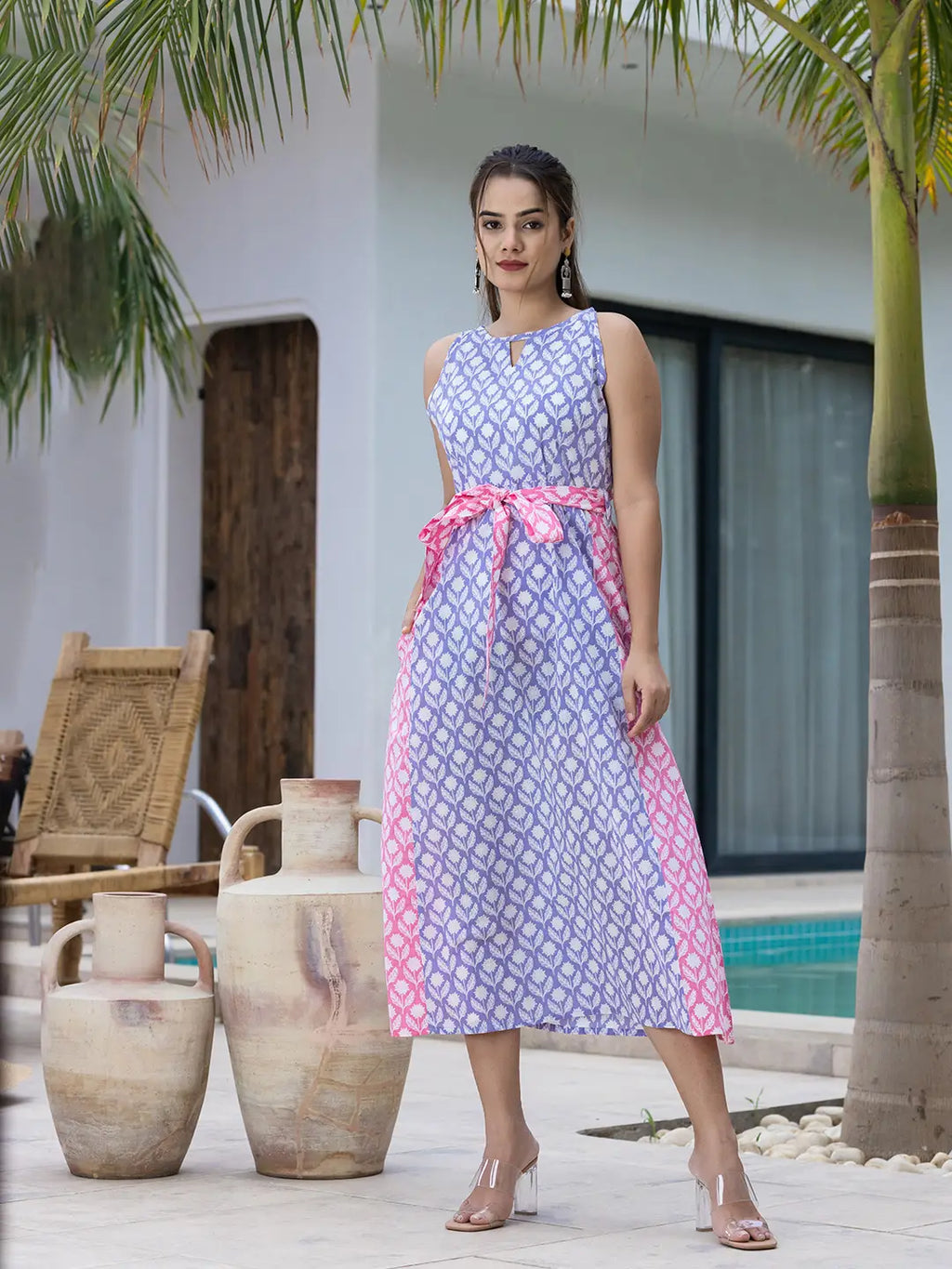 Yufta Purple And Pink Pure Cotton Colour Blocking Dress - Distacart