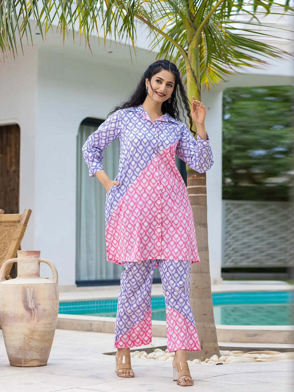 Yufta Purple & Pink Colour blocking Co Ord Set