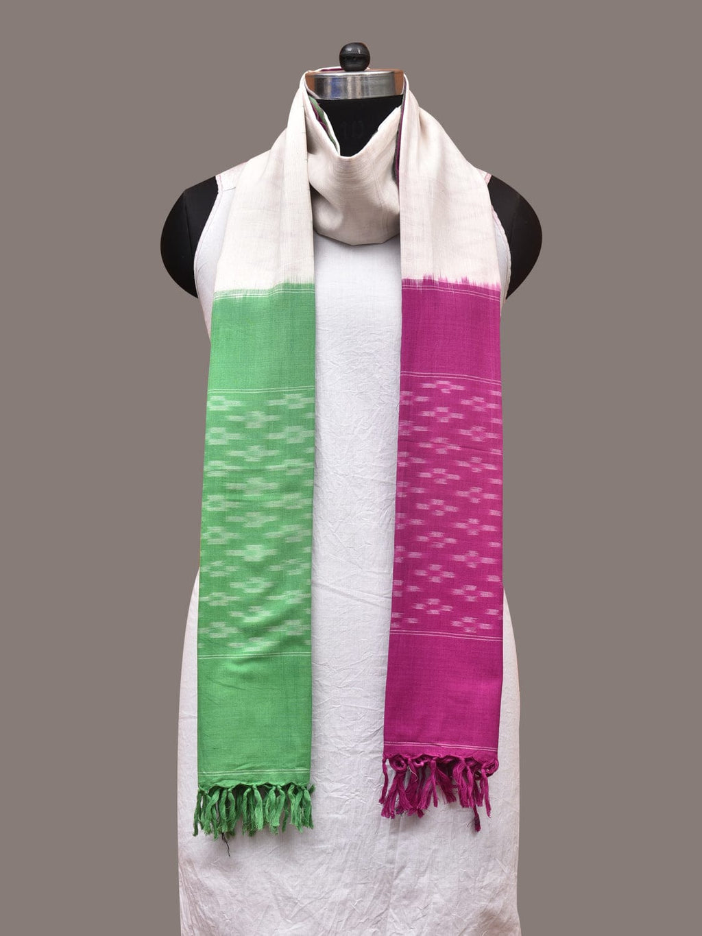Purple and White Pochamaplly Ikat Cotton Handloom Dupatta with Temple Border Design - Global Threads