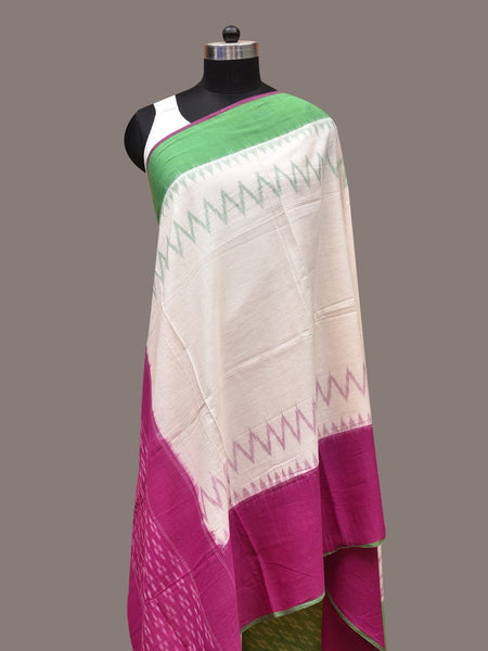 Purple and White Pochamaplly Ikat Cotton Handloom Dupatta with Temple Border Design - Global Threads