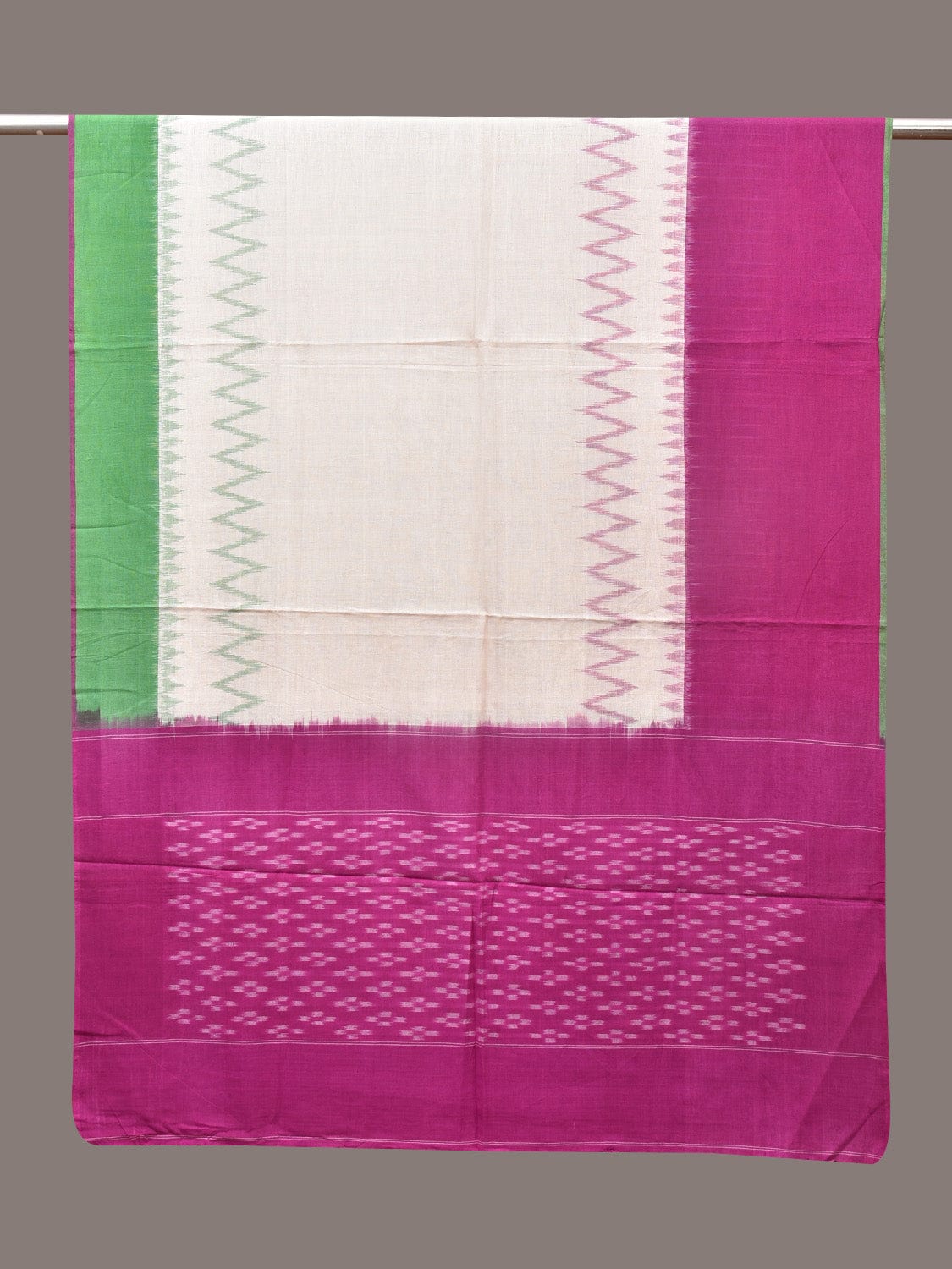 Purple and White Pochamaplly Ikat Cotton Handloom Dupatta with Temple Border Design - Global Threads