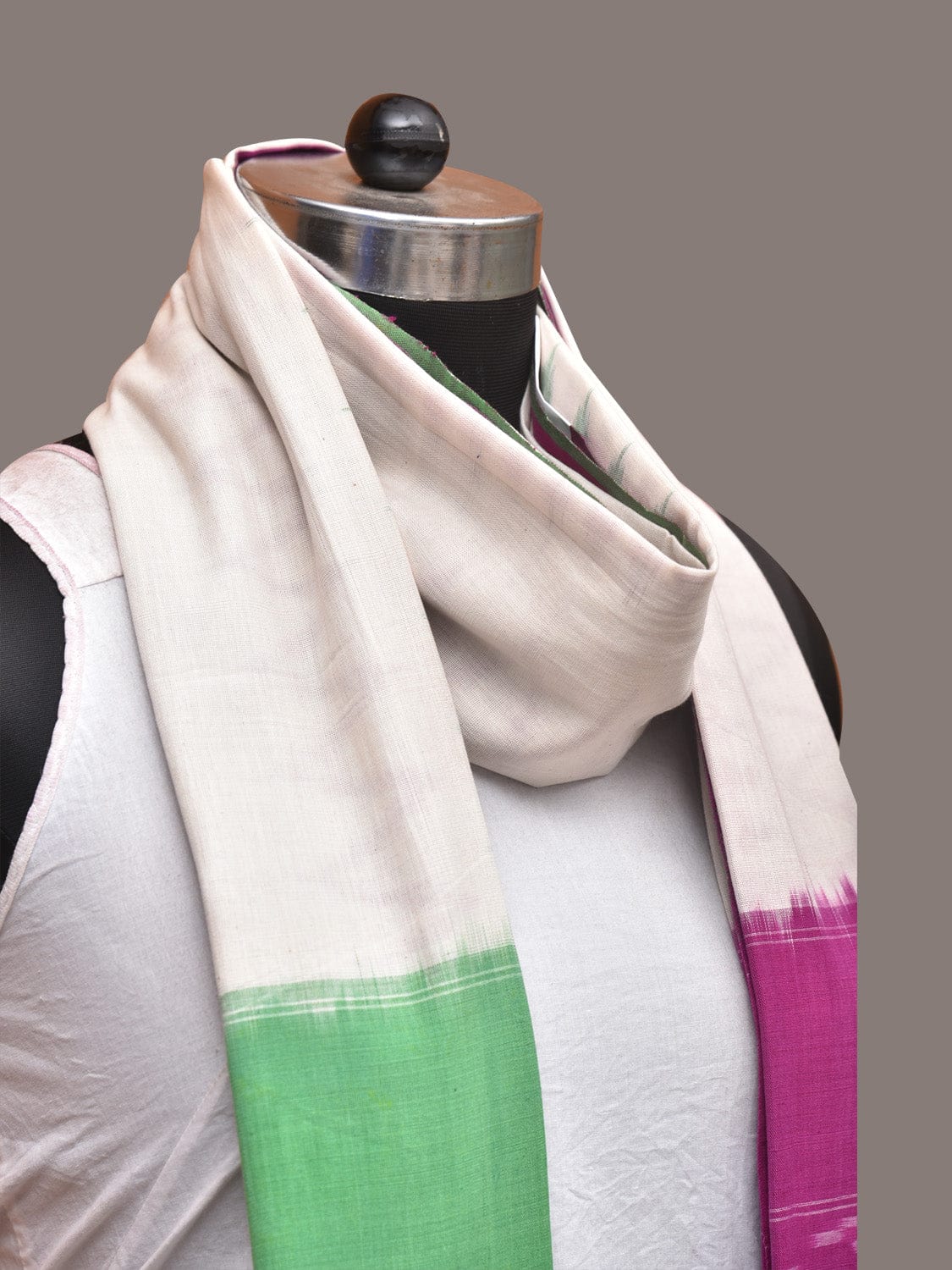Purple and White Pochamaplly Ikat Cotton Handloom Dupatta with Temple Border Design - Global Threads