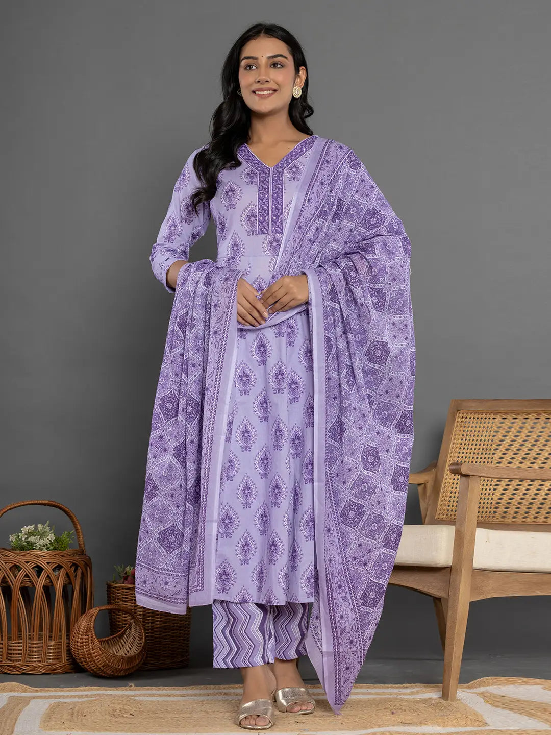 Yufta Purple Cotton Ethnic Motifs Kurta Dupatta Set