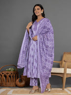 Yufta Purple Cotton Ethnic Motifs Kurta Dupatta Set