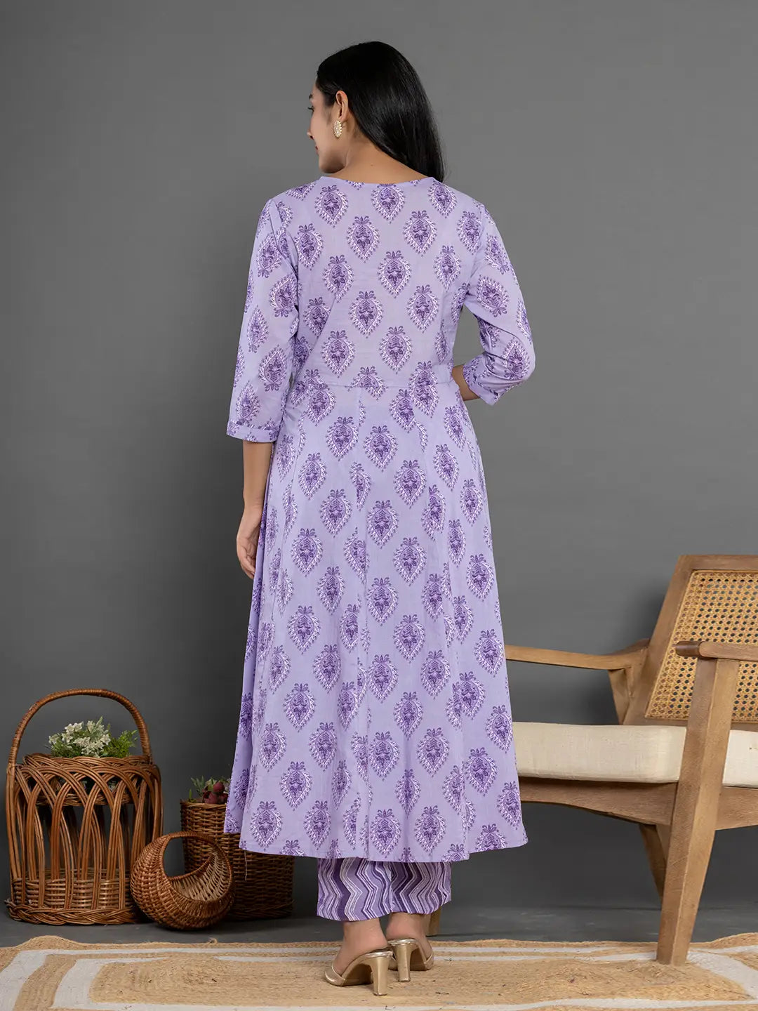 Yufta Purple Cotton Ethnic Motifs Kurta Dupatta Set
