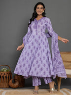 Yufta Purple Cotton Ethnic Motifs Kurta Dupatta Set