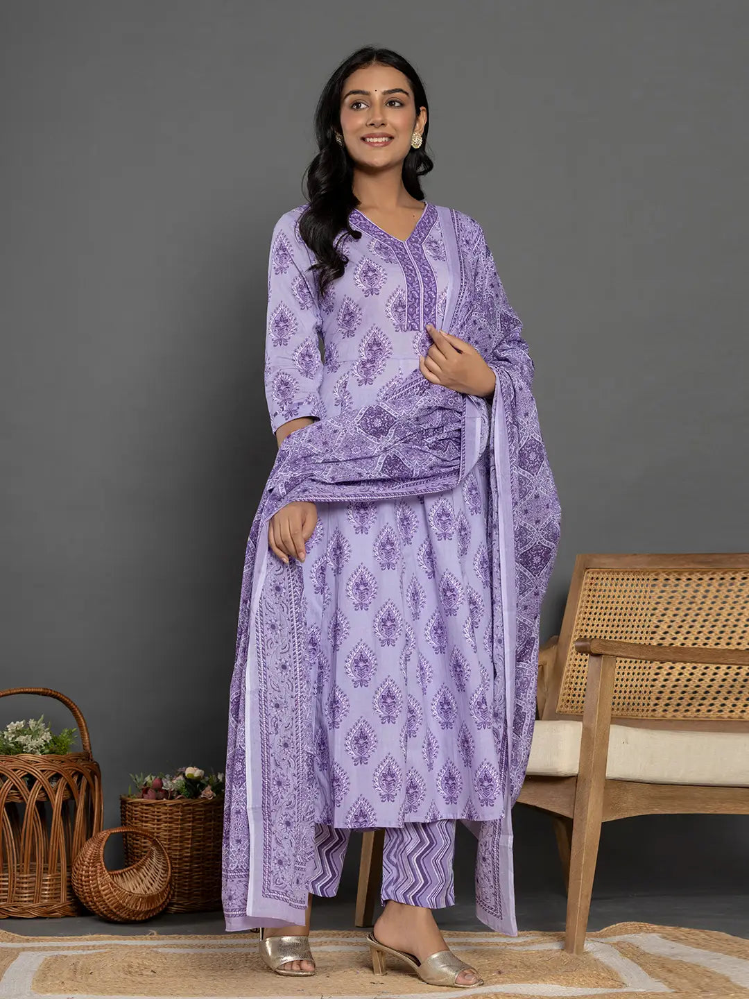 Yufta Purple Cotton Ethnic Motifs Kurta Dupatta Set