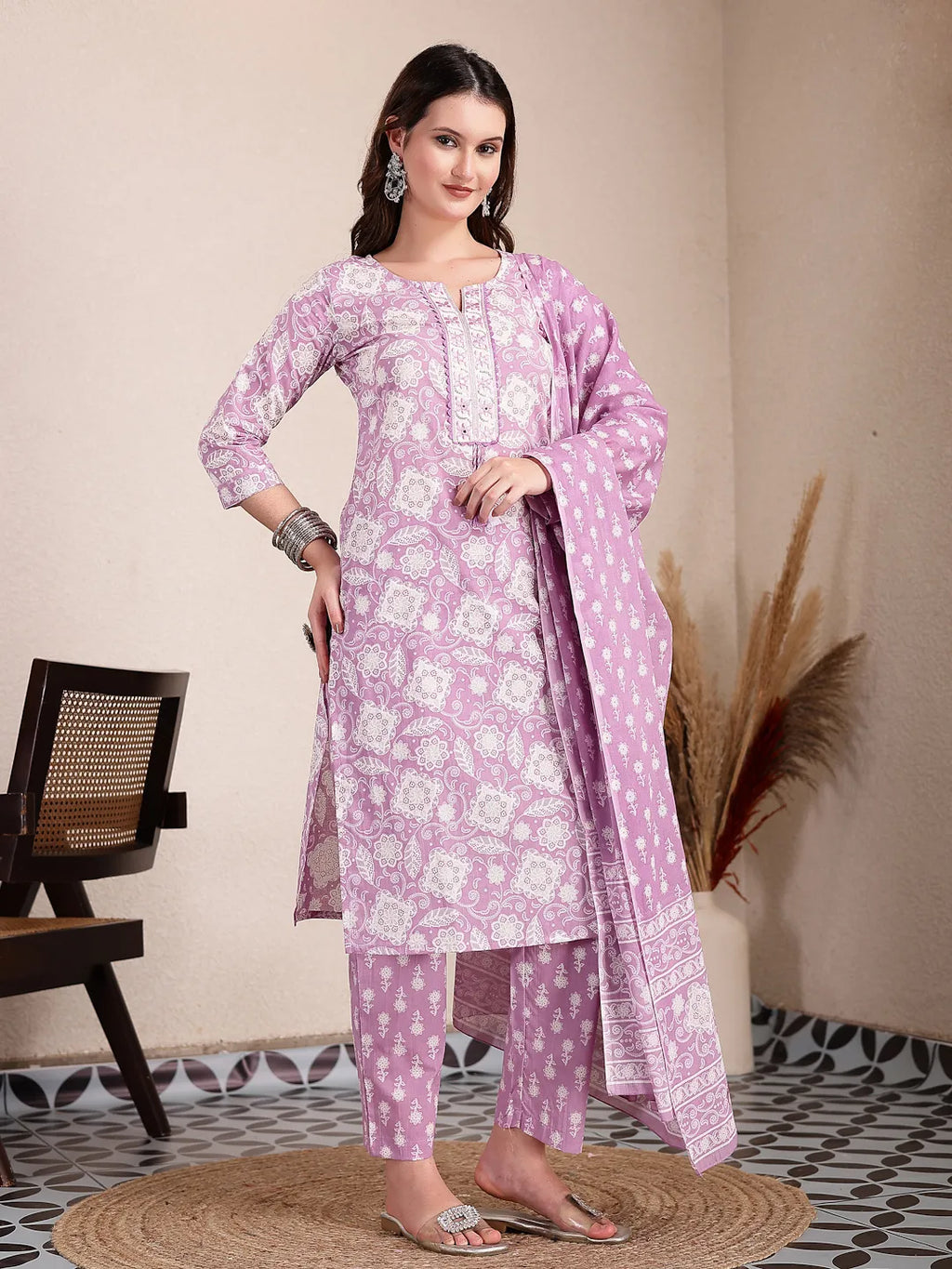 Yufta Purple Ethnic Motifs Print Straight Kurta Trouser Dupatta Set