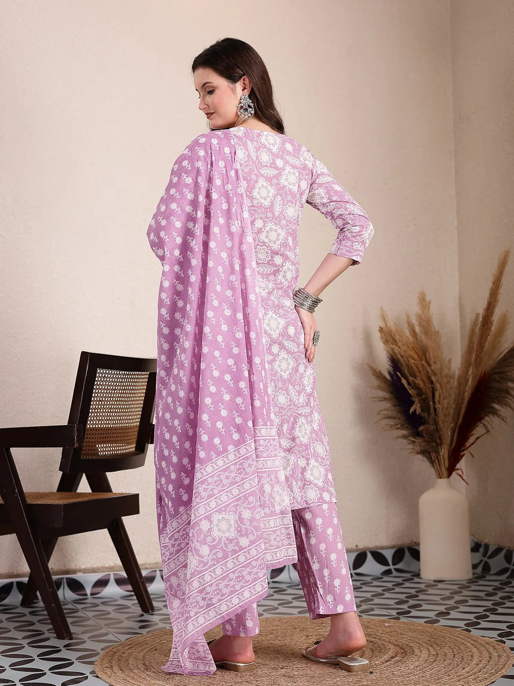 Yufta Purple Ethnic Motifs Print Straight Kurta Trouser Dupatta Set