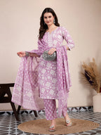 Yufta Purple Ethnic Motifs Print Straight Kurta Trouser Dupatta Set