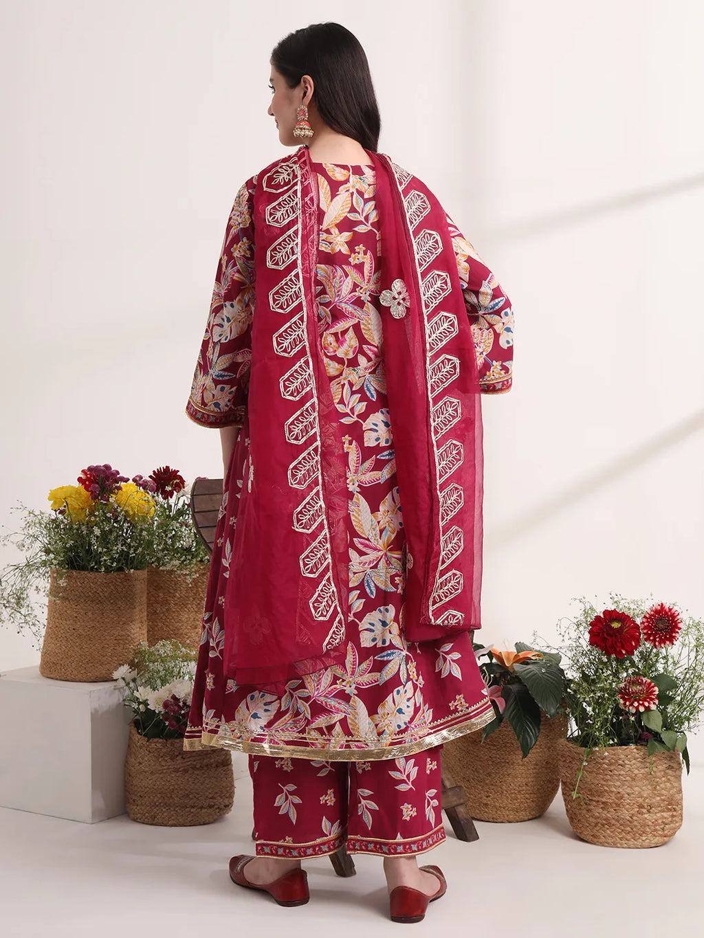 Yufta Purple Floral Print A-Line Kurta Trouser And Dupatta Set - Distacart