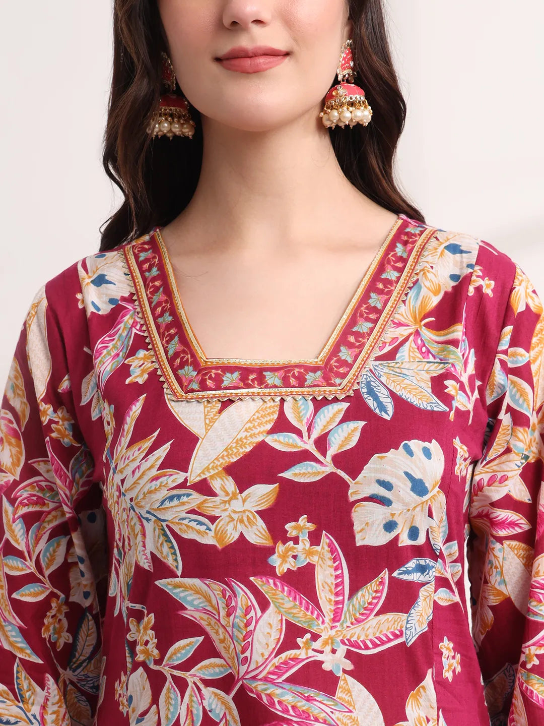 Yufta Purple Floral Print A-Line Kurta Trouser And Dupatta Set - Distacart